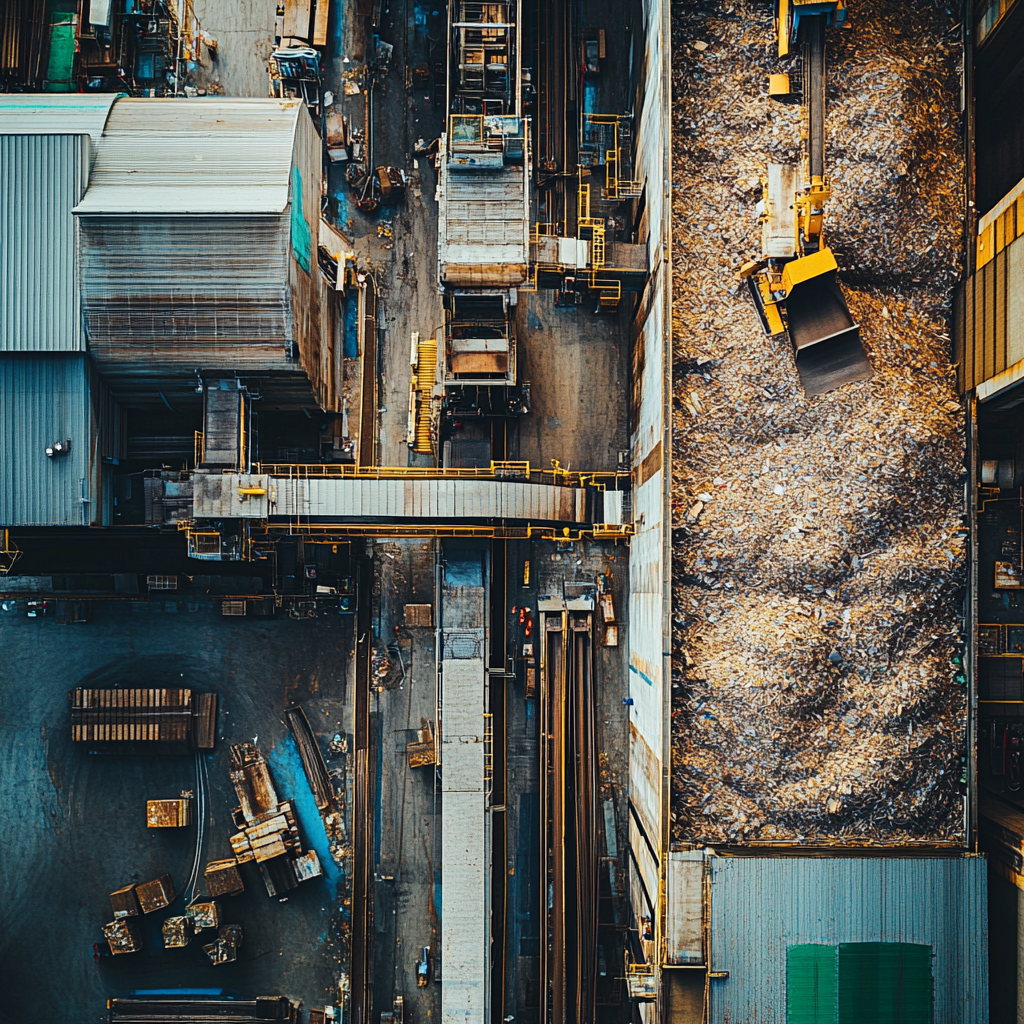 Luftaufnahme eines industriellen Stahlwerks mit großen Freiflächen für Roheisen, Werkzeugmaschinen und Baumaterialien am Boden und einem Lagerplatz mit Holzbrettern und Metallteilen. Ein gelber Jonah-LKW ist in der Nähe geparkt. Die Szene fängt eine geschäftige Fabrikumgebung ein und zeigt verschiedene Maschinen in Aktion vor einem Hintergrund aus dunkelgrauen Gebäuden.