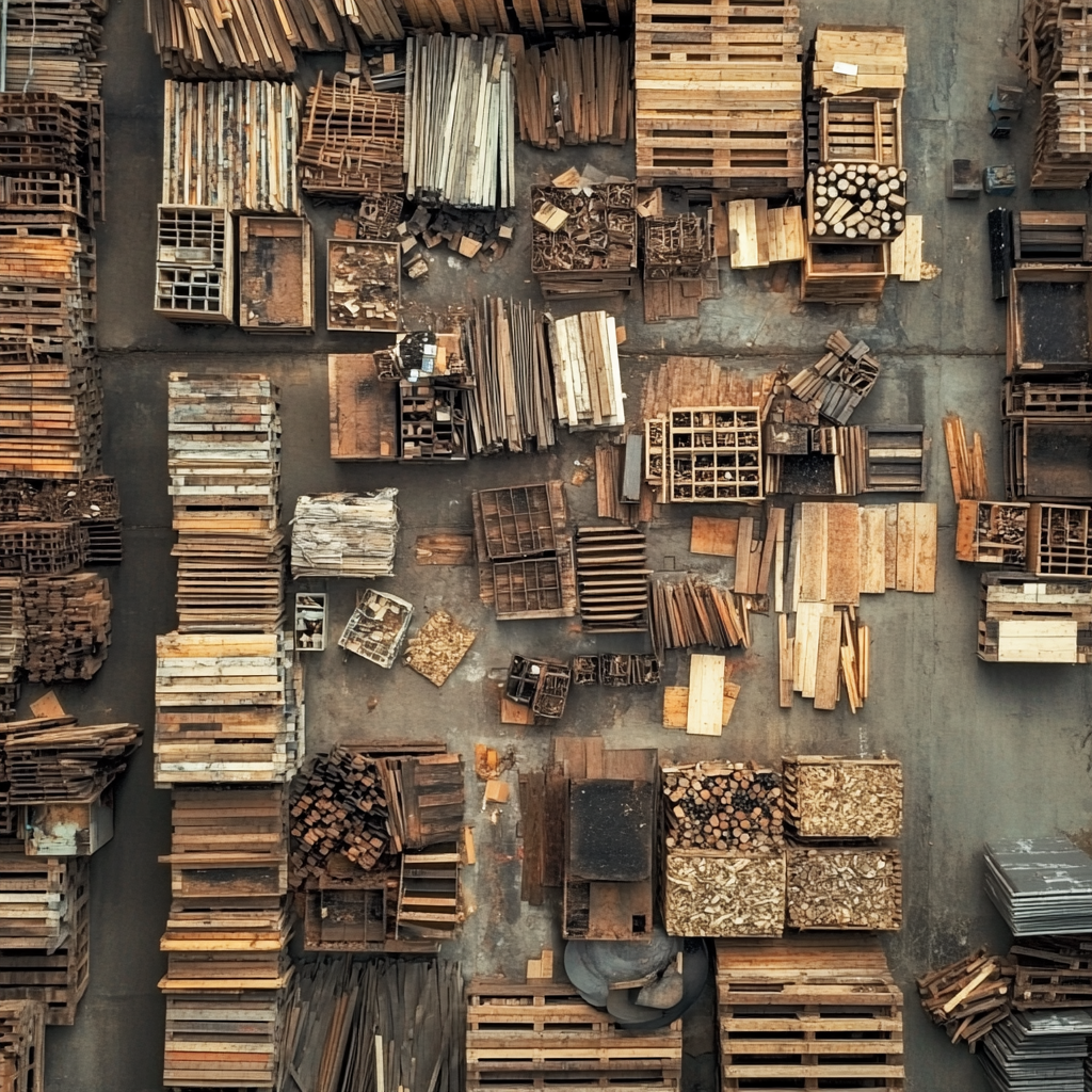 Eine Luftaufnahme verschiedener Arten und Größen von Holzpaletten, 
                    von denen einige in einer industriellen Umgebung übereinander gestapelt sind, 
                    während andere verstreut mit Holzbrettern daneben liegen. Die Szene wurde von 
                    oben mit einer Drohnenkamera aufgenommen und zeigt die Vielfalt der verschiedenen 
                    Arten und Formen von Holzpaletten. Das Foto erweckt den Eindruck, dass das Material 
                    als Bau- oder Lagermaterial verwendet wird, und unterstreicht seine praktische Eignung als Bauelement.