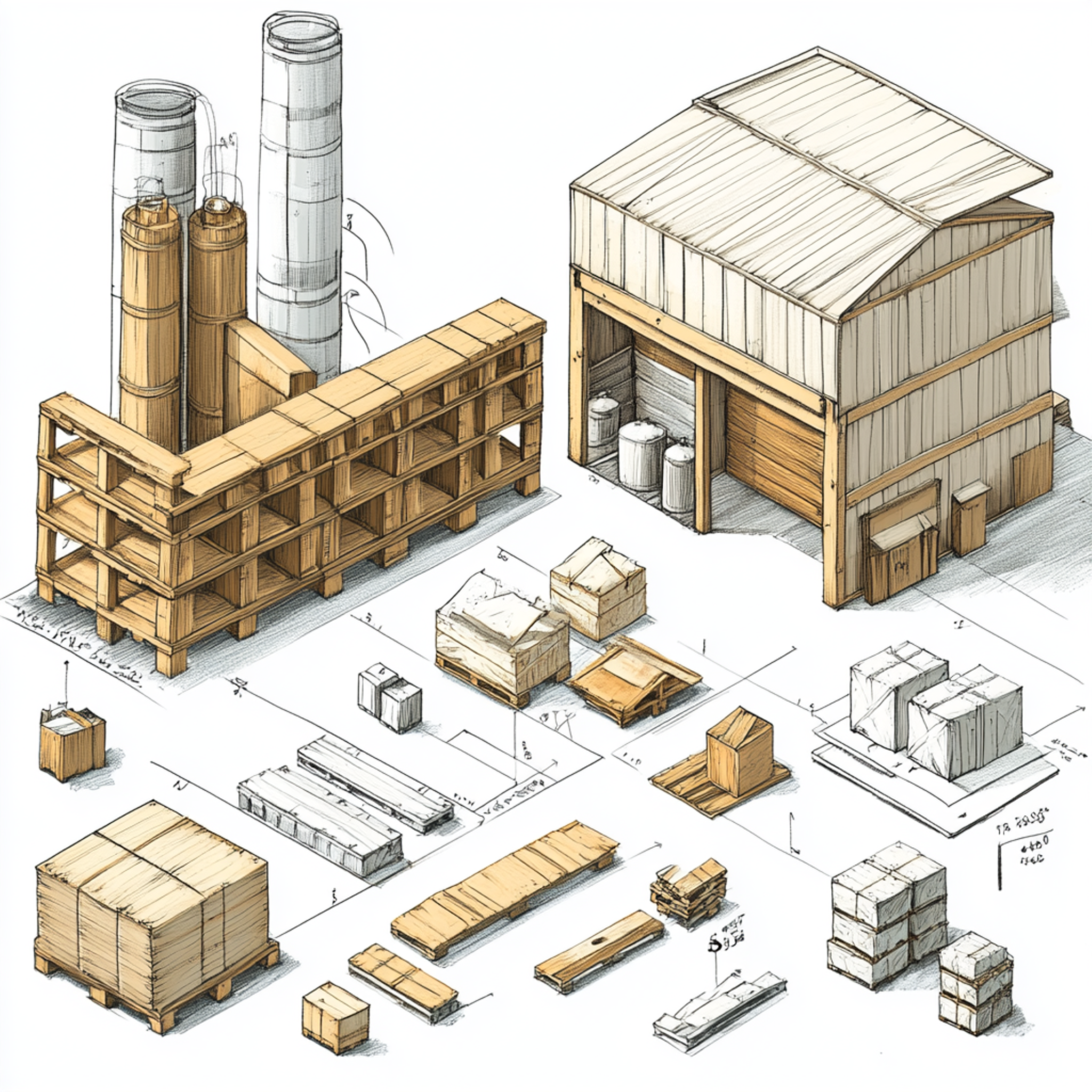 Eine Konzeptzeichnung eines Industrielagers, umgeben von Holzpaletten und Kisten, die mit Baumaterialien gefüllt sind. Der Entwurf enthält detaillierte Illustrationen, die die Anordnung verschiedener Arten von Holzbrettern in unterschiedlichen Größen zeigen, sowie Entwürfe für Türen oder Fenster auf einer Seite des Gebäudes. Außerdem gibt es eine Skizze, die zeigt, wie diese Gegenstände im Inneren des Gebäudes angeordnet werden würden, alles vor einem weißen Hintergrund.