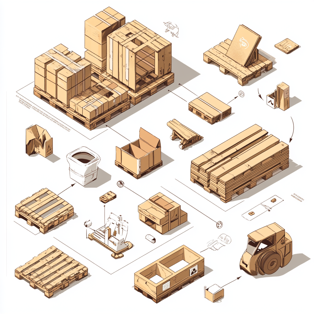 Ein isometrisches Diagramm, das Kartonpaletten, Kisten und einen Gabelstapler in einer industriellen Umgebung zeigt. Der Entwurf sollte detaillierte Illustrationen enthalten, die die verschiedenen Komponenten zeigen, die zur Herstellung von Fracht auf Holzpaletten verwendet werden. Fügen Sie Pfeile oder Formen im Stil eines Flussdiagramms ein, um die Bewegung zwischen den Elementen anzuzeigen. Verwenden Sie warme, erdige Farbtöne mit subtilen Farbverläufen, um Tiefe zu erzeugen.