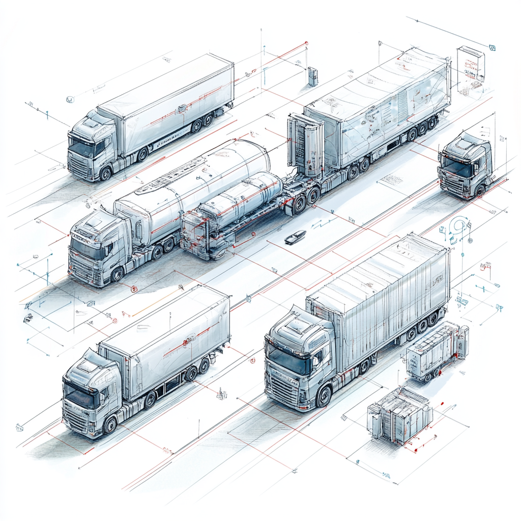 Eine technische Zeichnung von mehreren Lastwagen mit weißer Farbe darauf, Konzeptkunst im Stil eines skizzenhaften Designstils, die mehrere Fahrzeuge und verschiedene Arten von Lastwagen und Anhängern in einer isometrischen Ansicht darstellt. Konzeptentwurfsblatt.